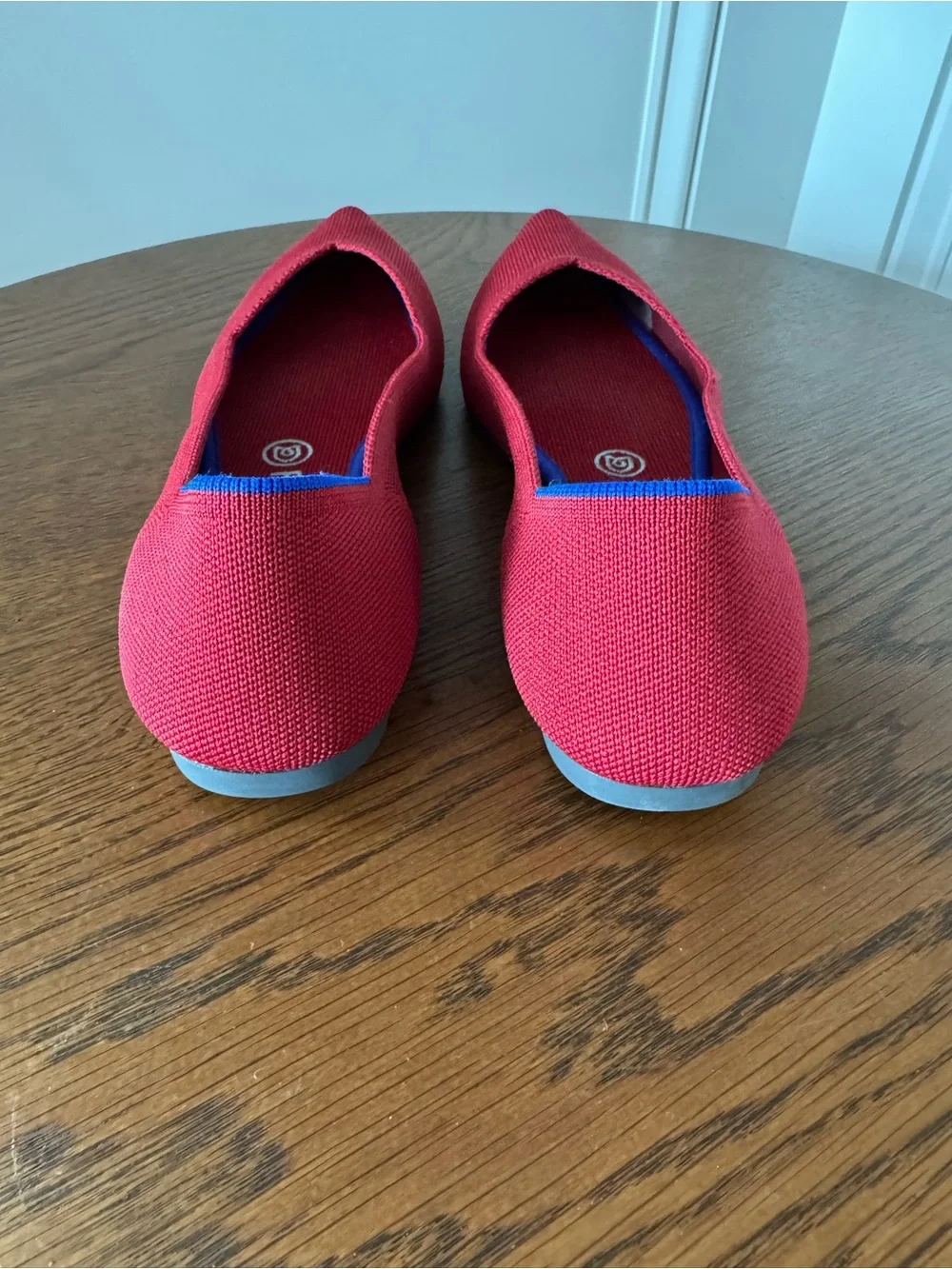 Rothy's Women's Pointed Red Knit Flats with Blue Trim